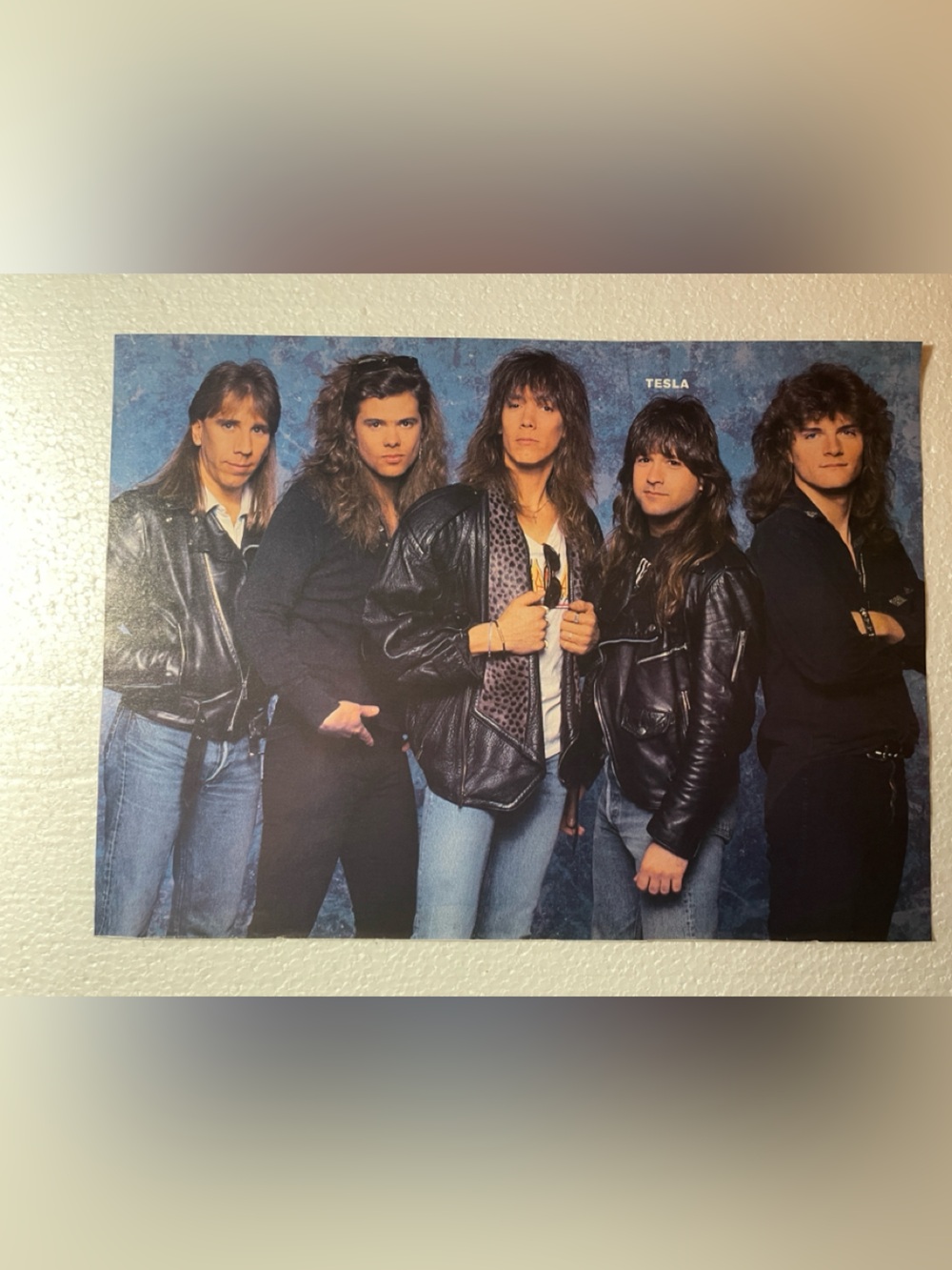 Tesla Band Pinup - Leather Jackets & Denim - Blue Background